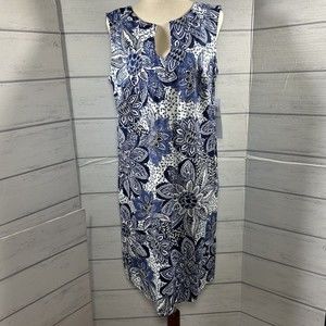 London Times Women's Shift Dress Casual Blue Floral Sleeveless V-Neck Size 8